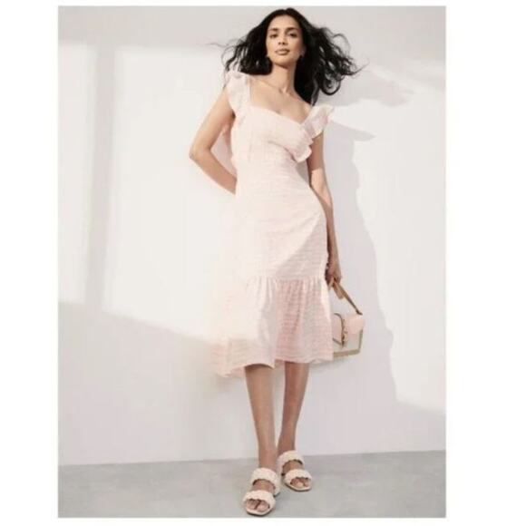 BCBG Paris Ruffle Strap Midi Dress Blush Pink White Polka Dots Womens Size XL - Picture 1 of 4